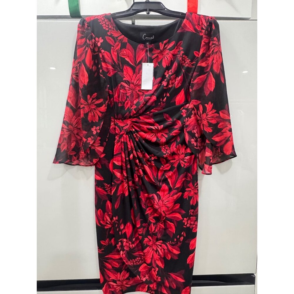Connected Apparel Womens Red & Black Floral Dress 6P Sheer Sleeves Knee Length E - Picture 3 of 5